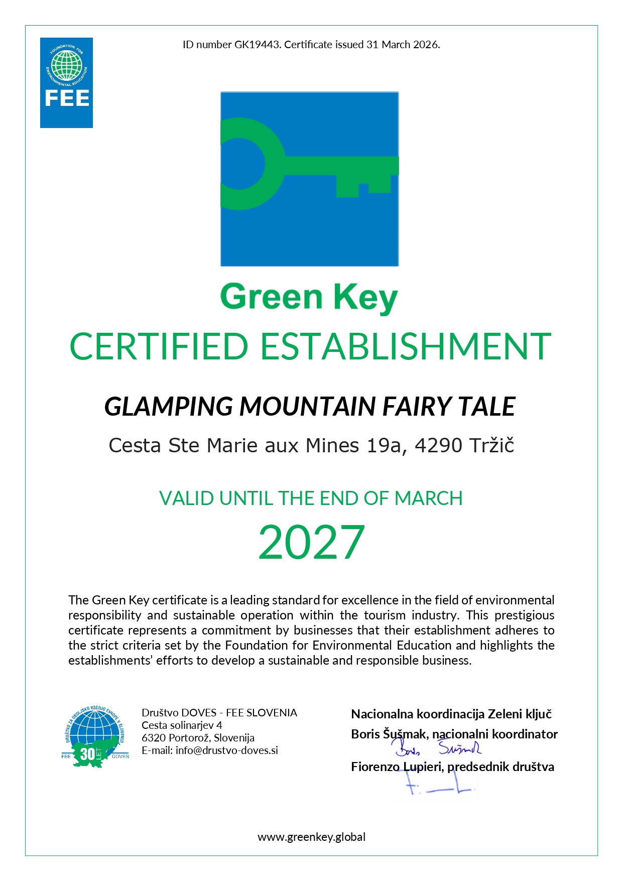 Certifikat Zeleni ključ 2026/2027